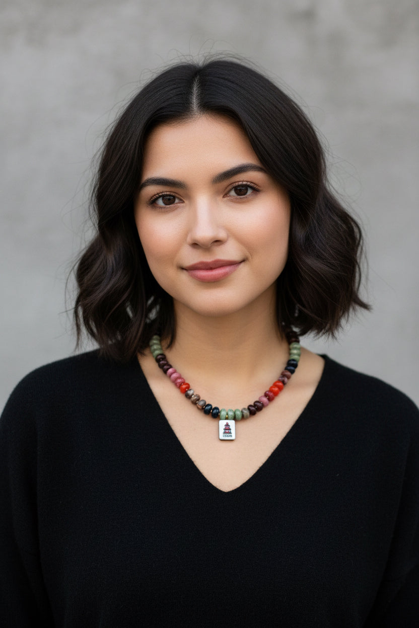 Mah Jong charm beaded acrylic necklace