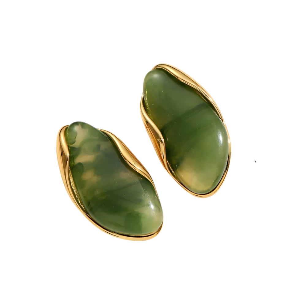 Green Stone Earrings With Gold Accents