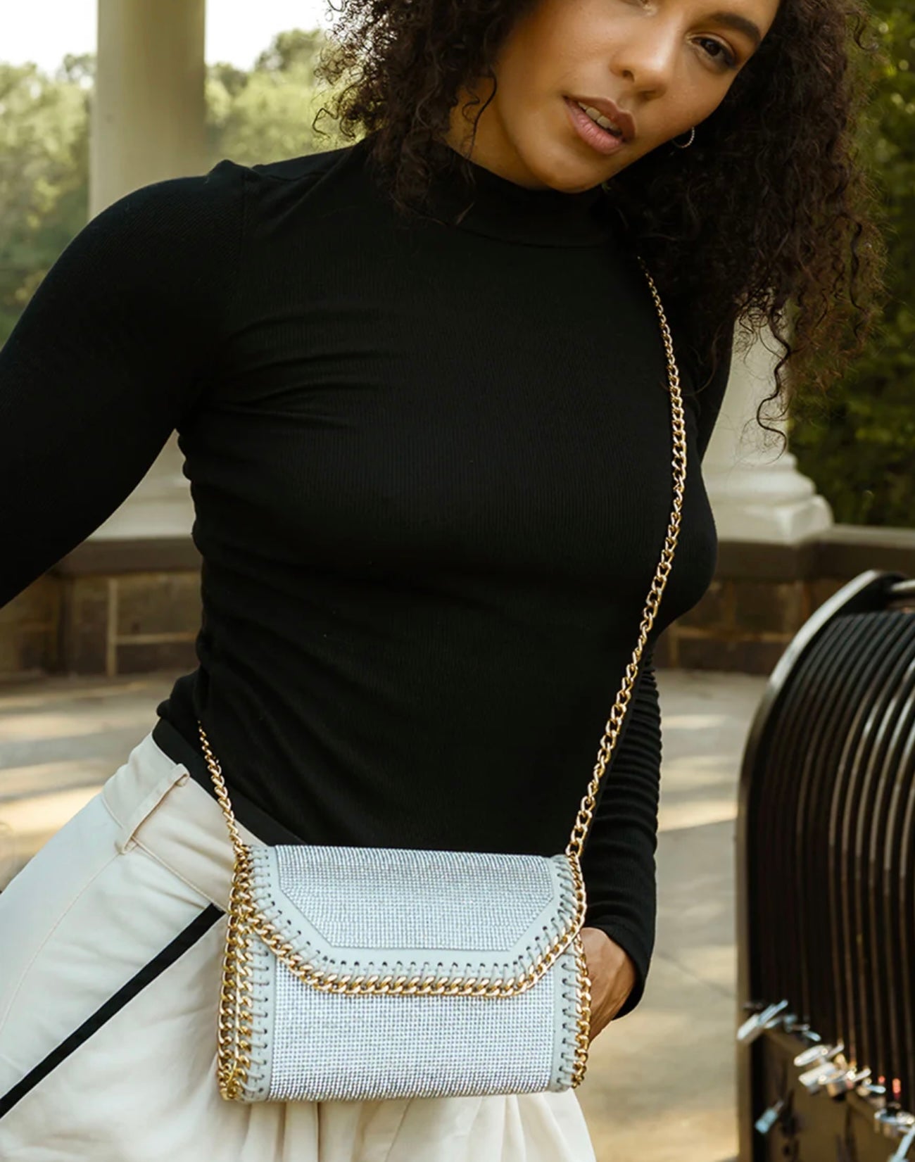 Rhinestone clutch with chain detailing