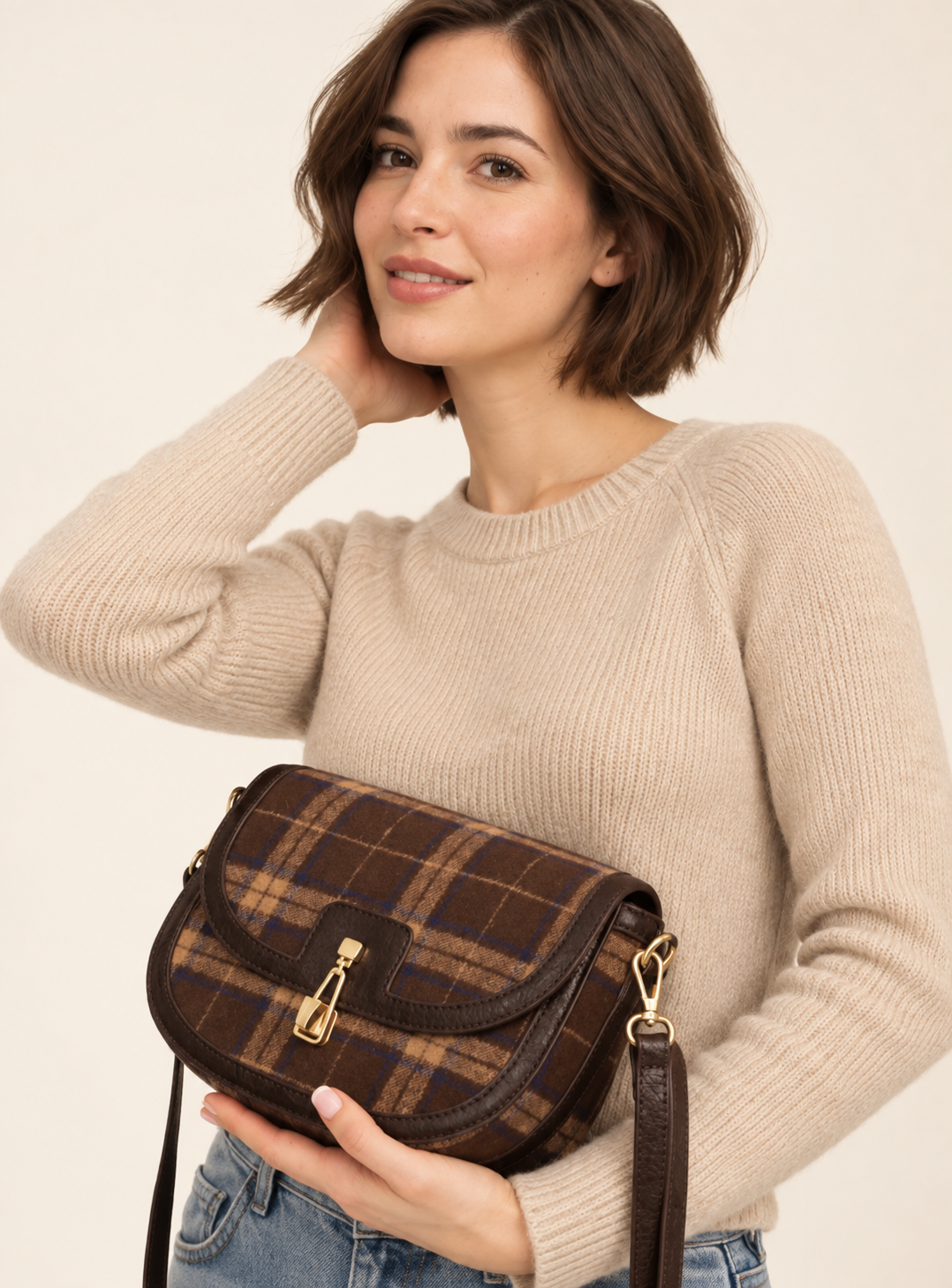 Plaid crossbody w/ vegan leather trim & twist lock closure
