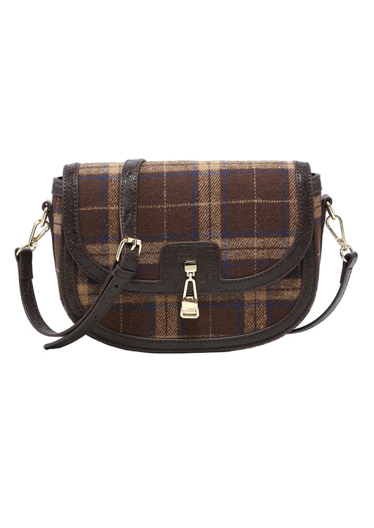Plaid crossbody w/ vegan leather trim & twist lock closure
