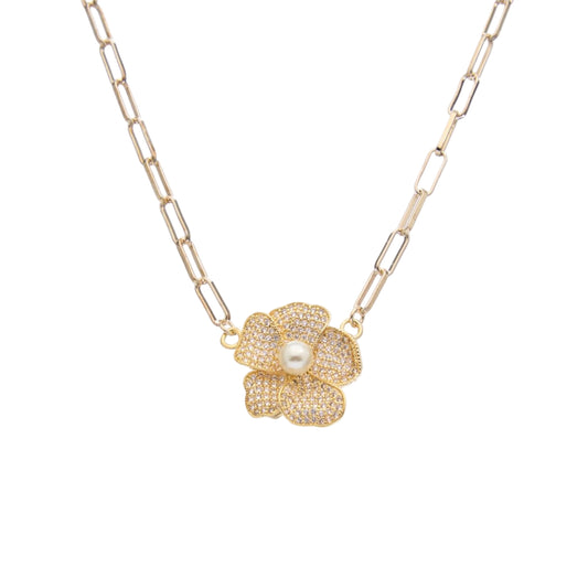 Crystal Flower Pendant with Pearl Center