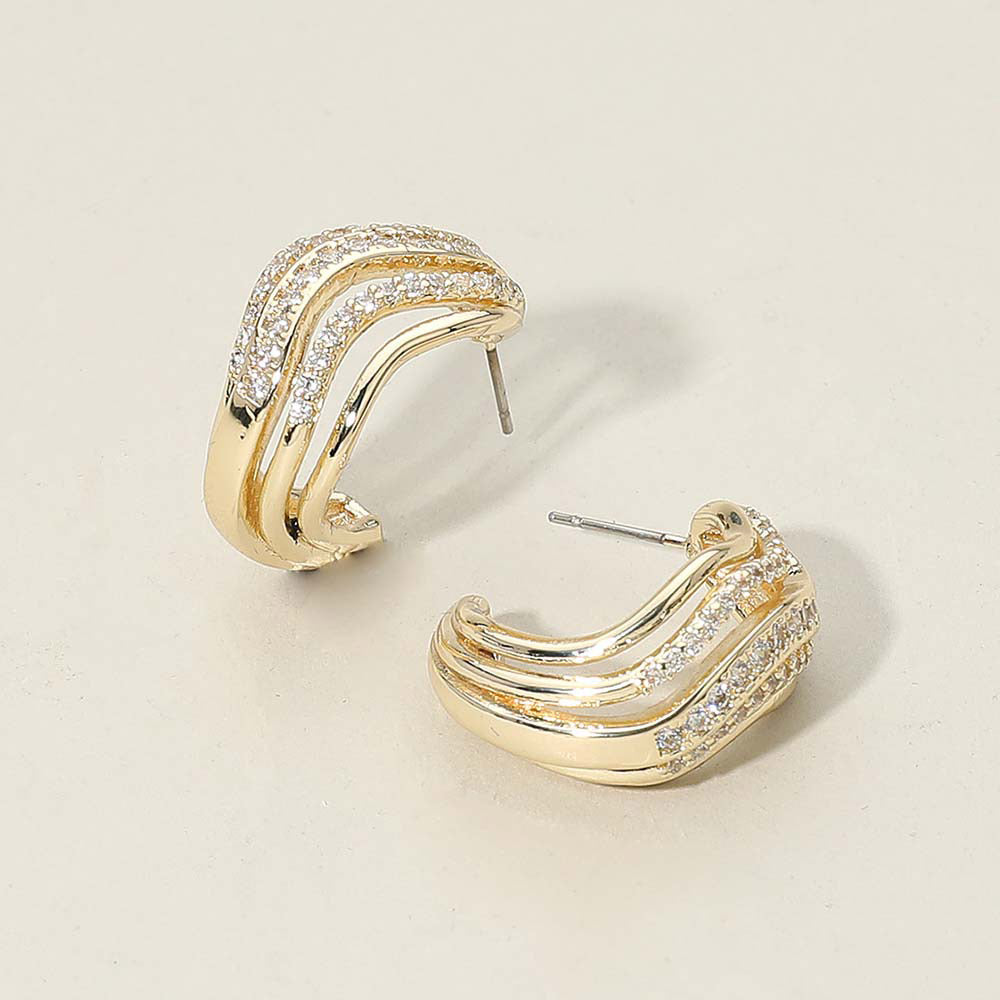 14K Gold Dipped Split Wave Crystal Pave Hoop Earrings
