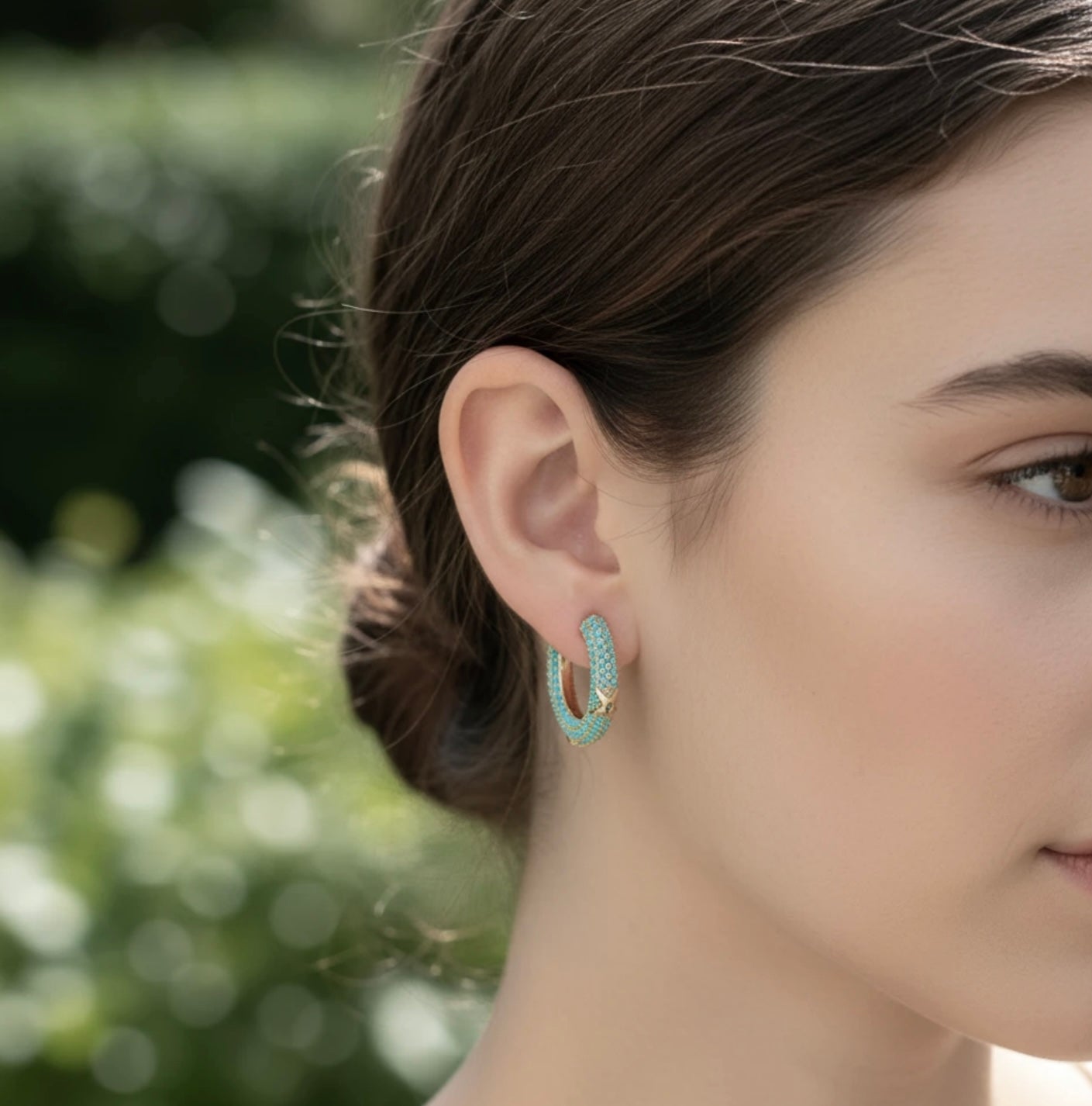 Turquoise Bead Gold Dipped Hoops