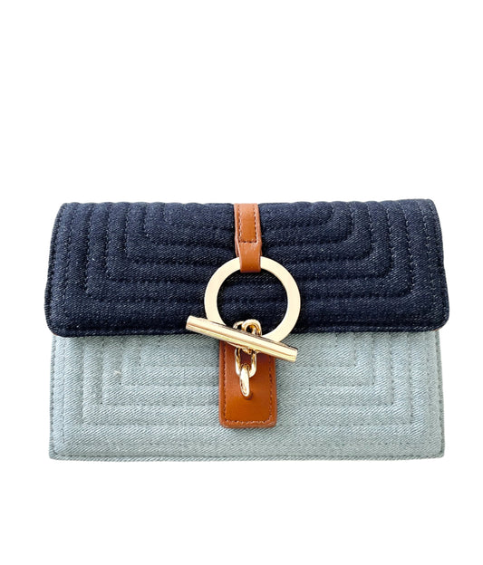 Paige denim & vegan leather crossbody envelope clutch