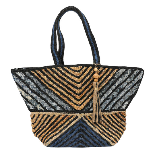 Chevron Woven Straw Tote Tassel Embellishment
