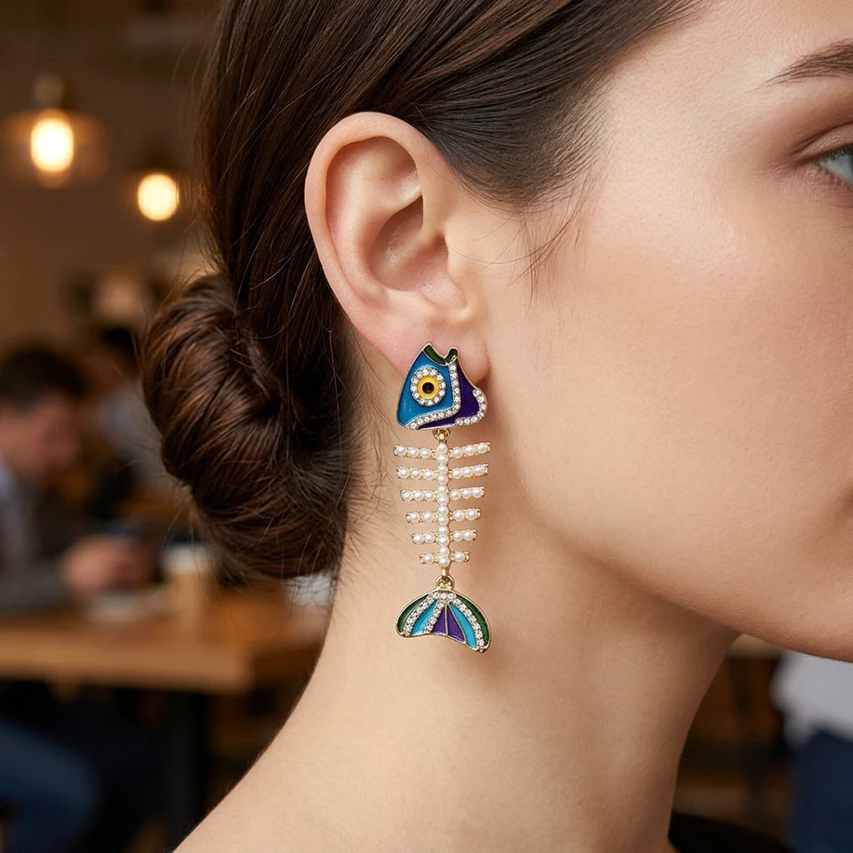 Pearl Embellished Enamel Fish Skeleton Earrings