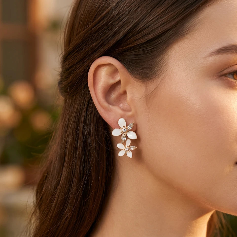 Enamel & Crystal Flower Themed Drop Earring