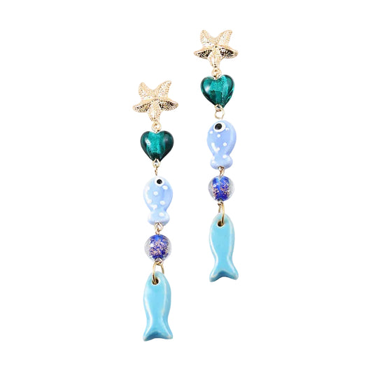 Fish Themed Glass and Ceramic Charm Statement Earrings