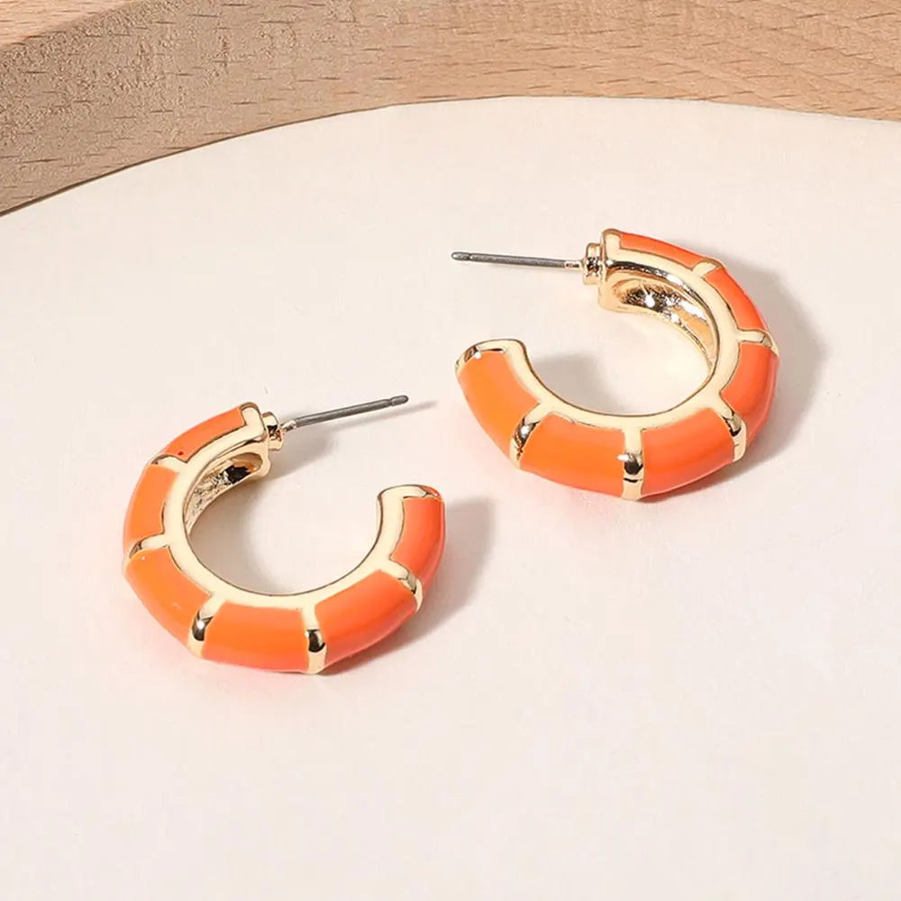 Bamboo Themed Enamel Half Hoop Earrings