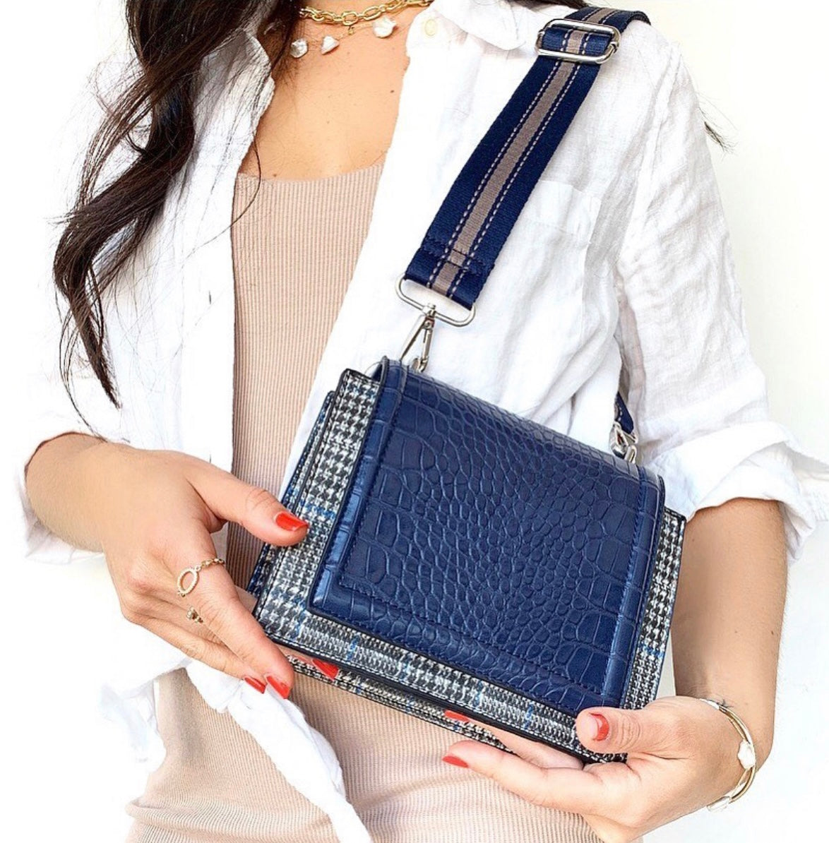 Plaid Printed Bag With Embossed Croco