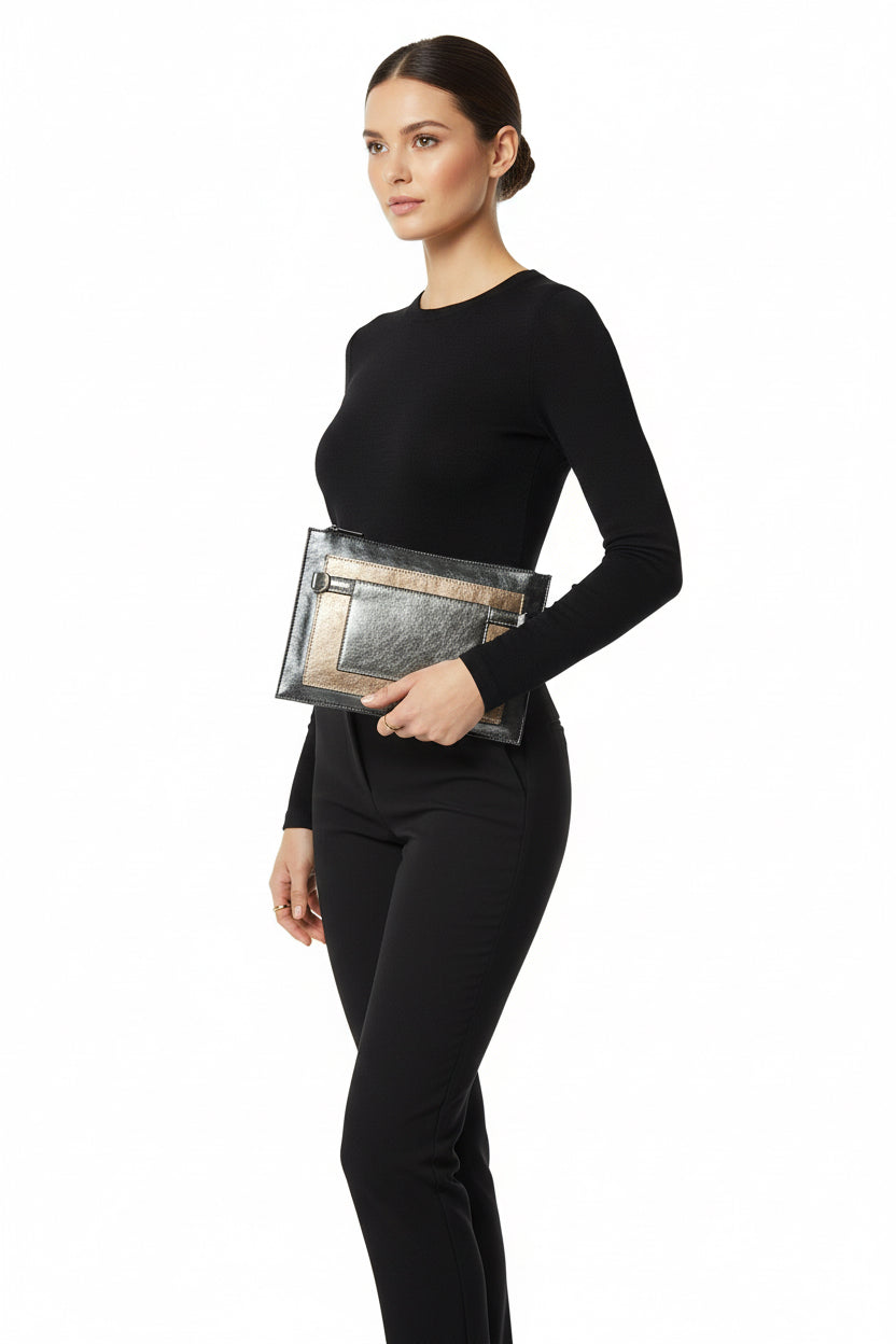 Metallic clutch/wristlet