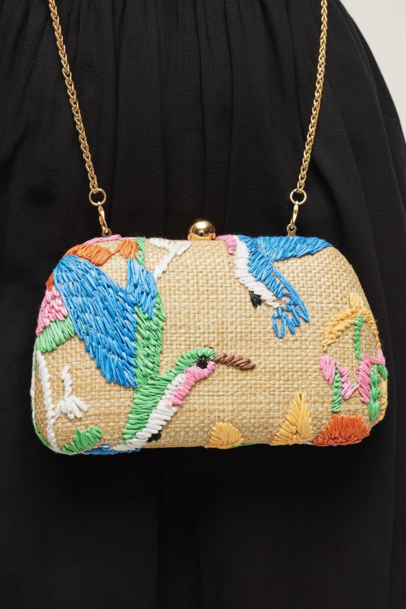 Weston Bird Themed Embroidered Straw Clutch