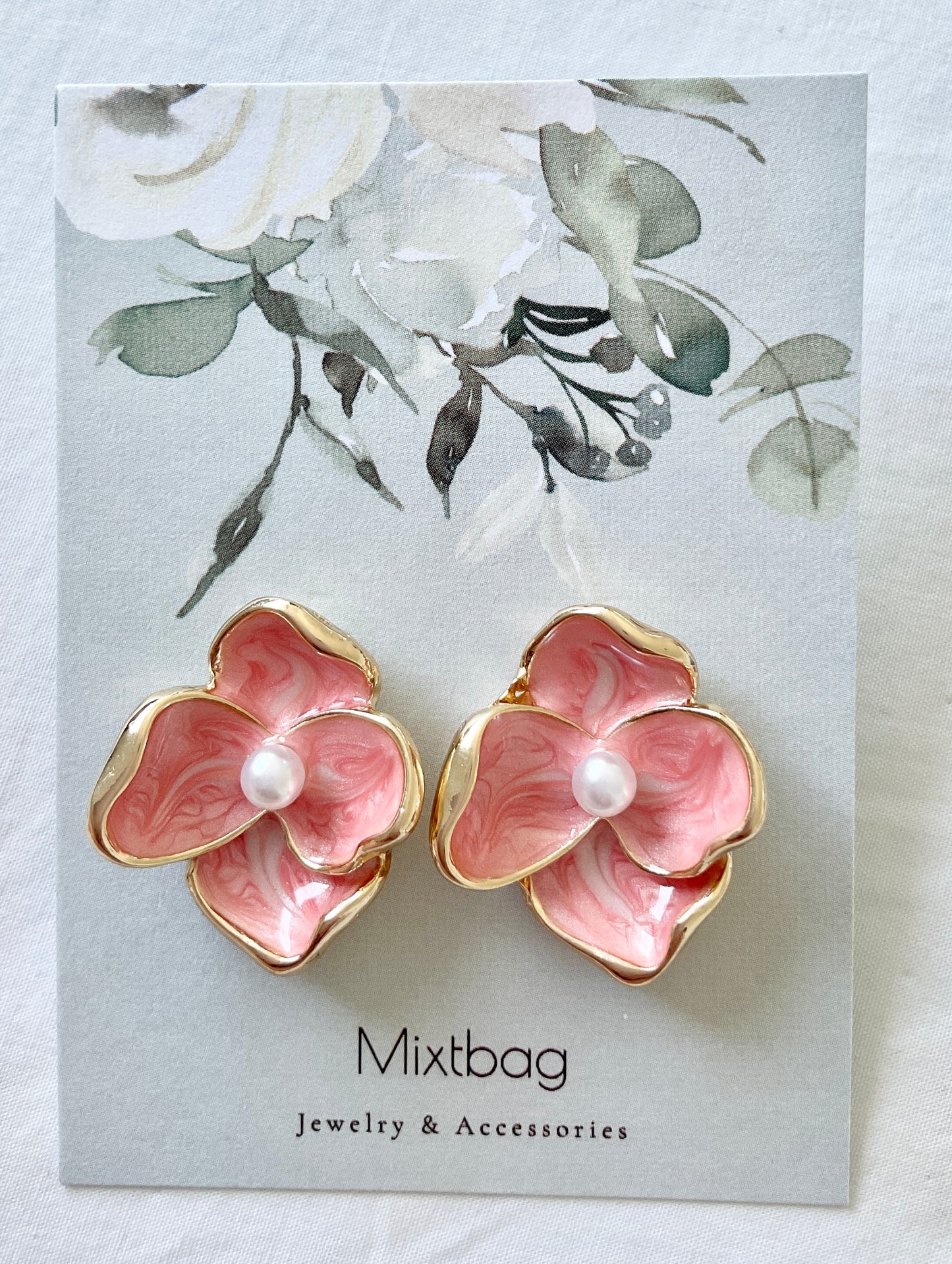 Enamel Flower Earrings Pearl Center