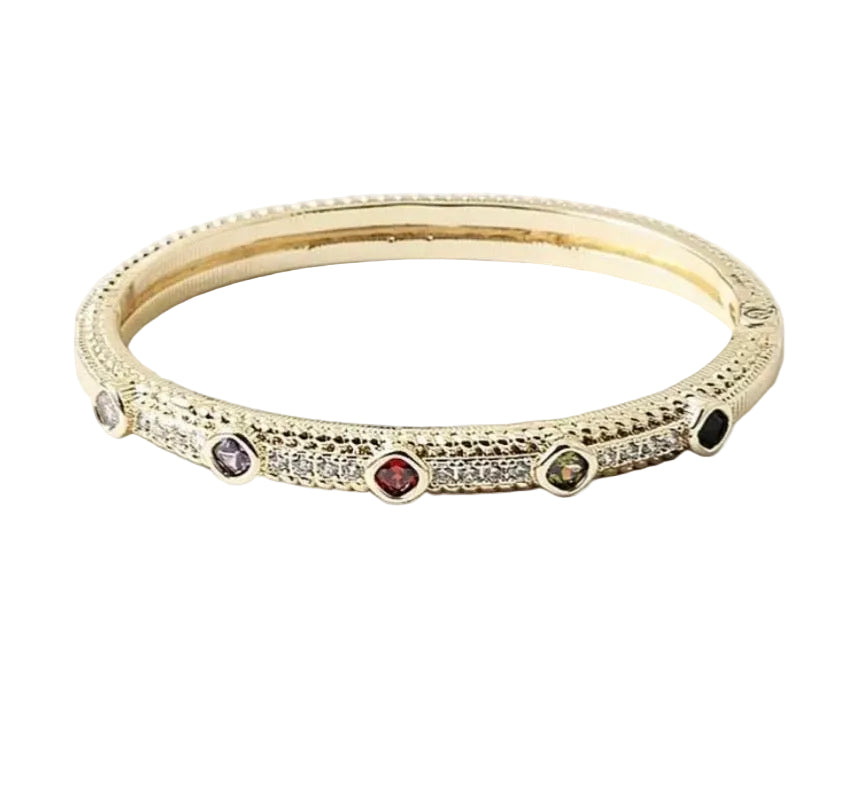 Textured Stainless Steel Hinged Bracelet CZ Stoned