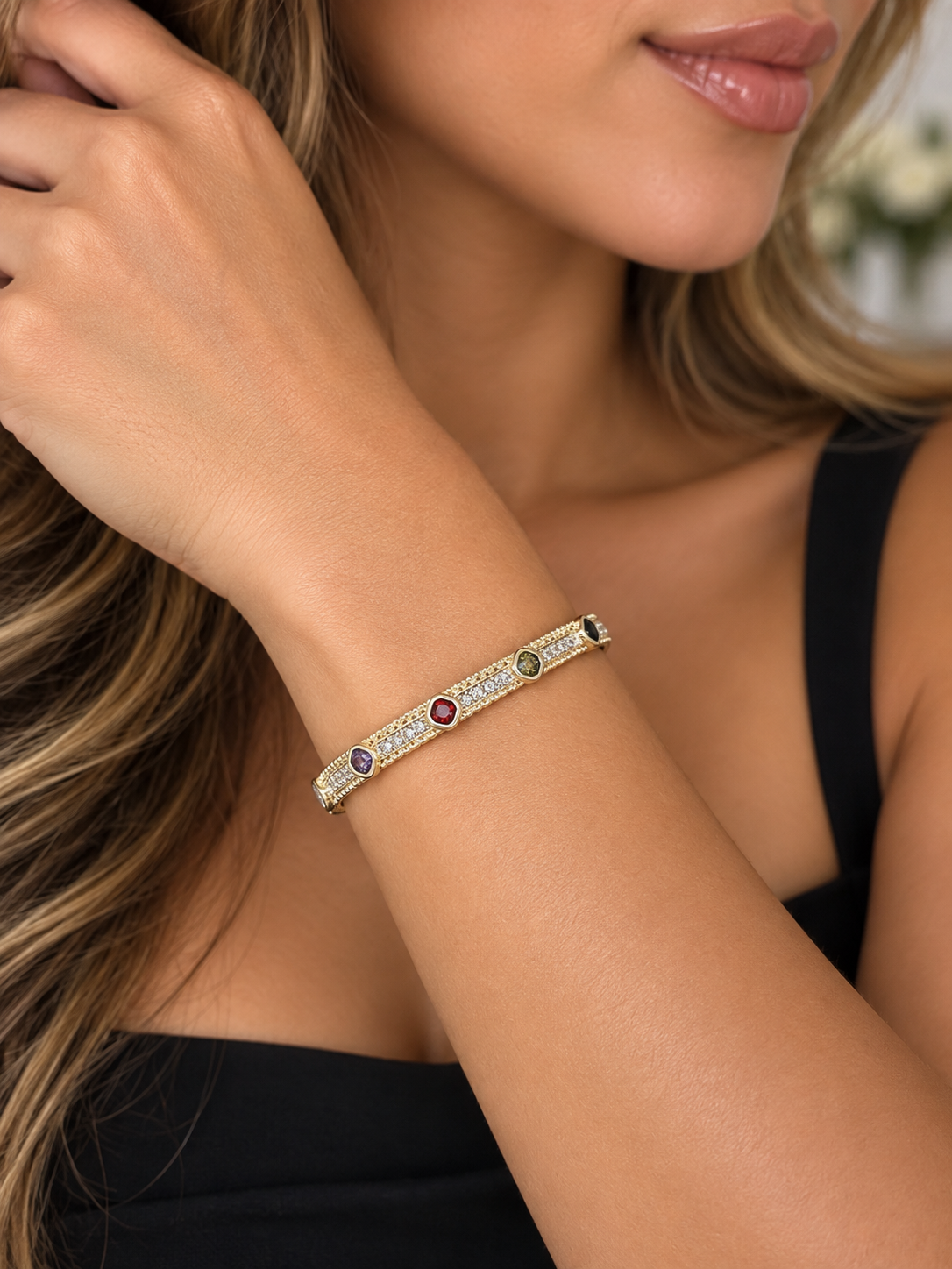 Textured Stainless Steel Hinged Bracelet CZ Stoned