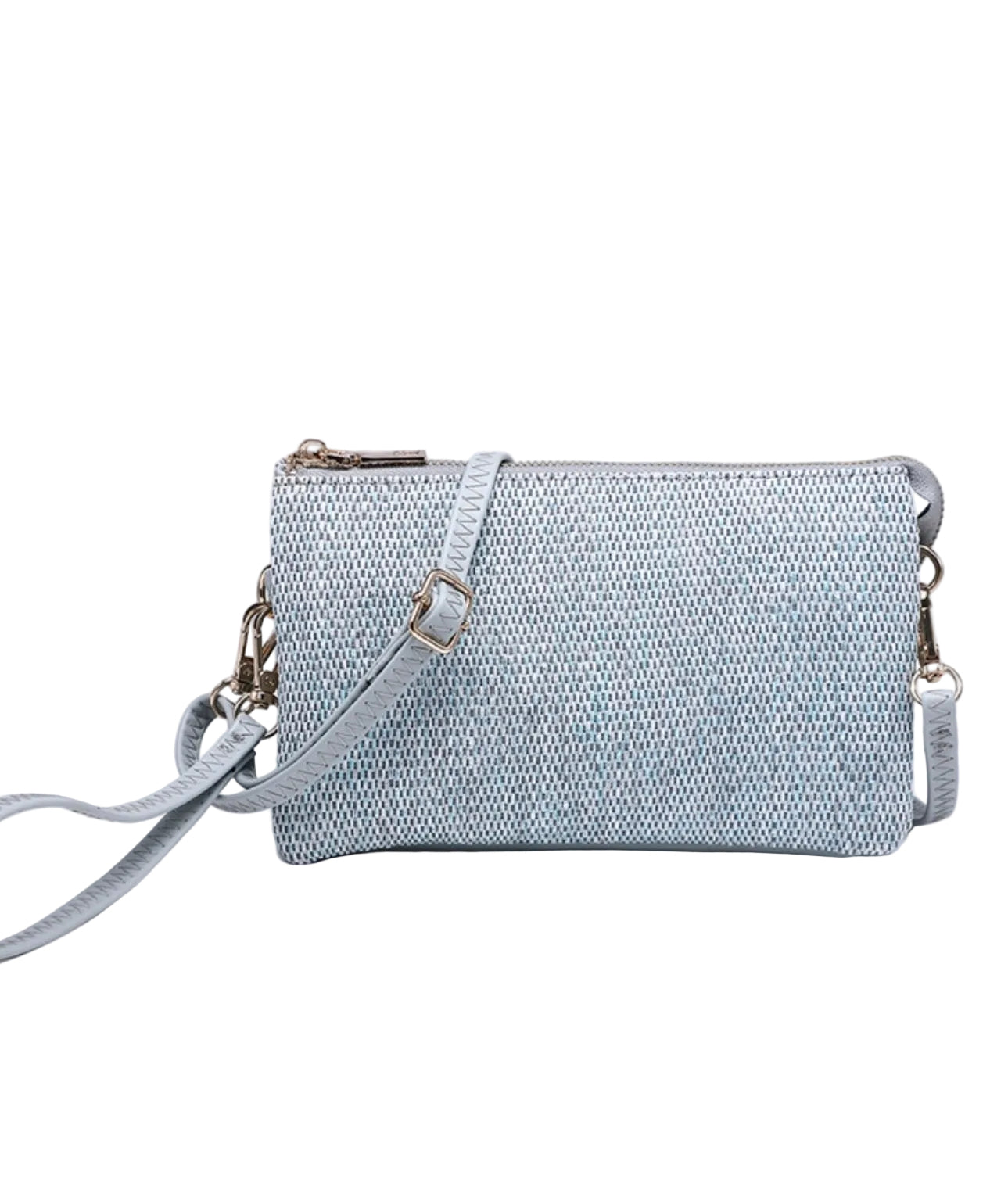 Micro Straw Multi Compartment Convertible Crossbody Clutch
