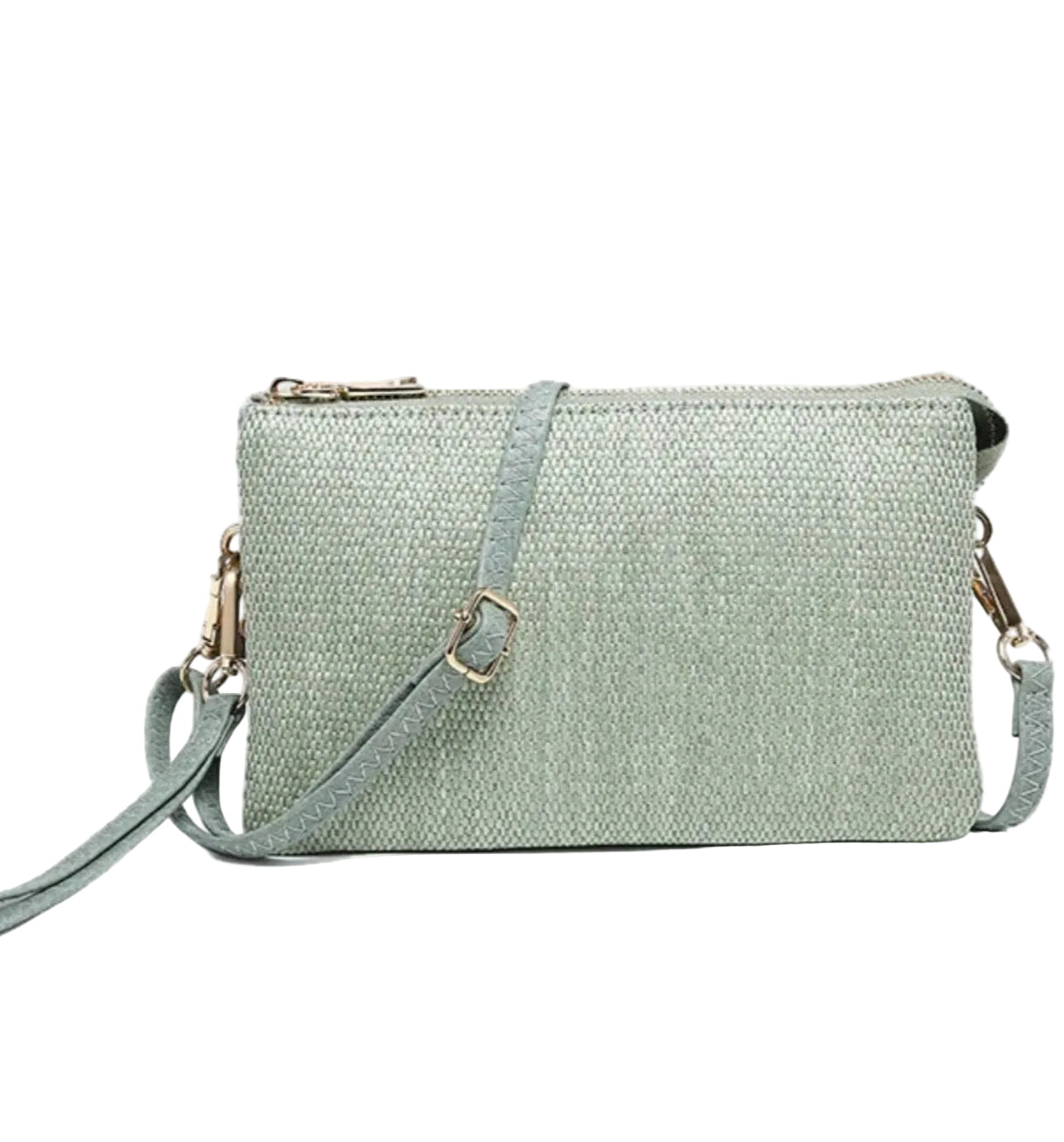 Micro Straw Multi Compartment Convertible Crossbody Clutch