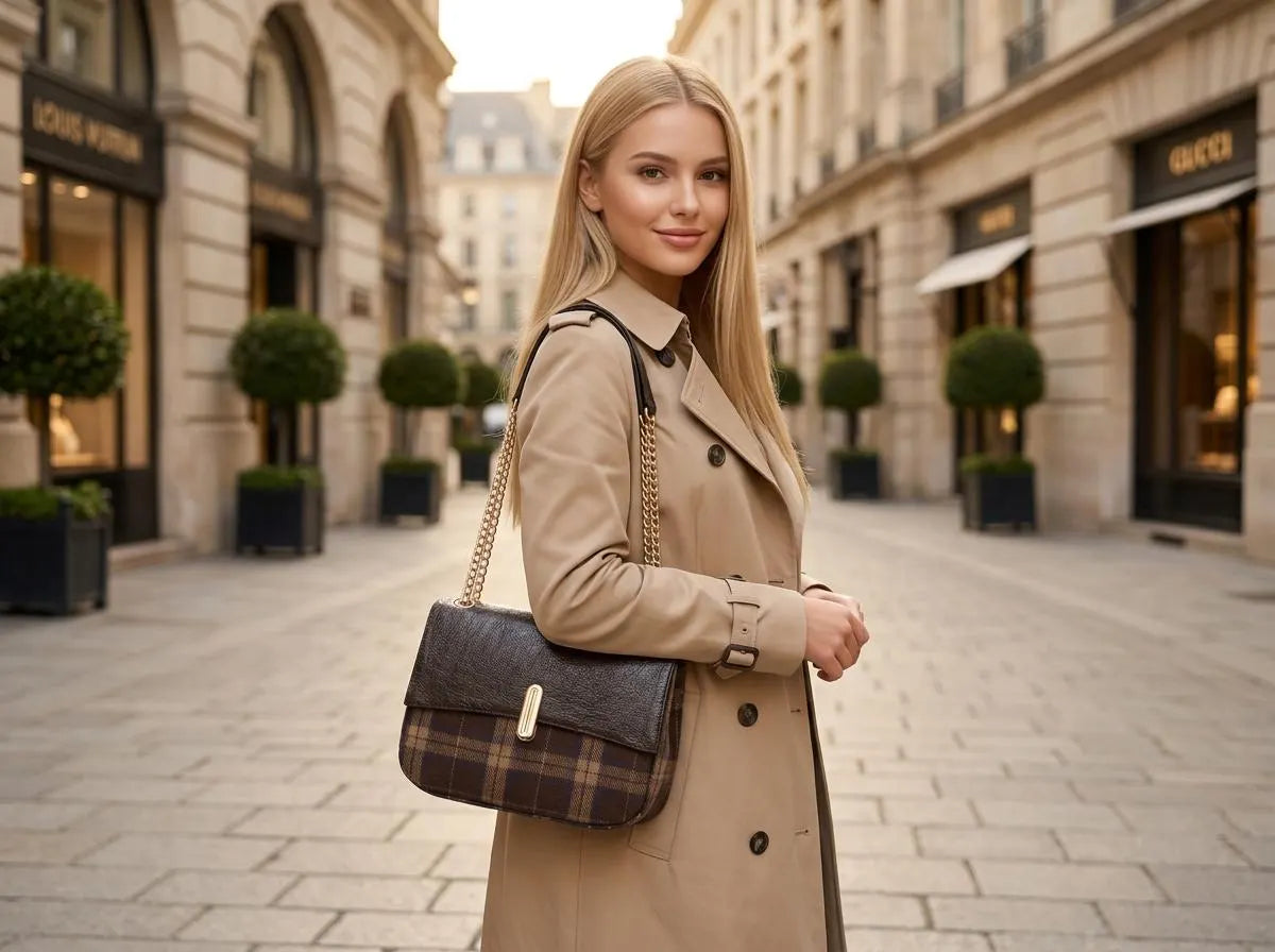 Plaid Fabric Vegan Leather Flap Shoulder Bag