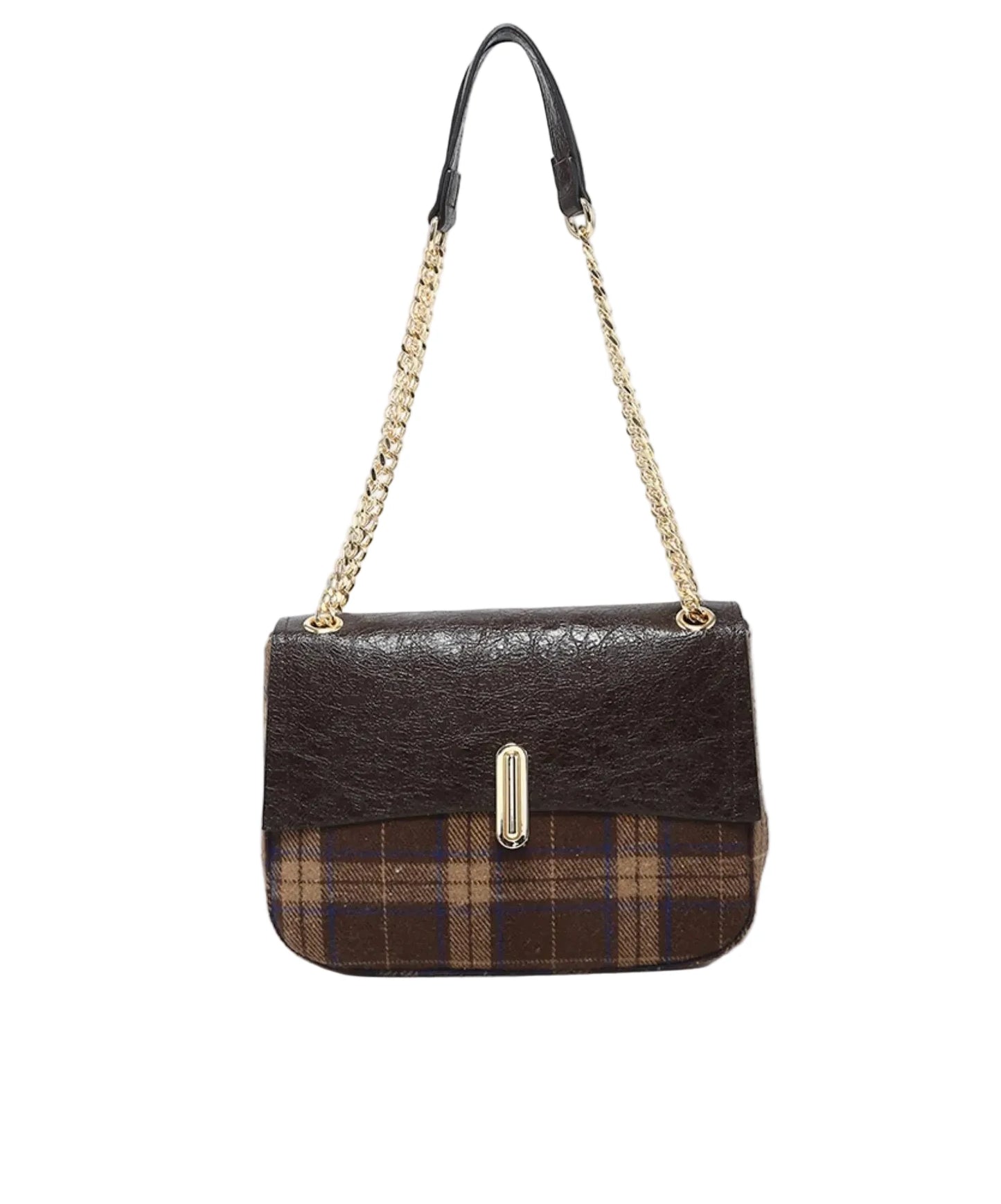 Plaid Fabric Vegan Leather Flap Shoulder Bag