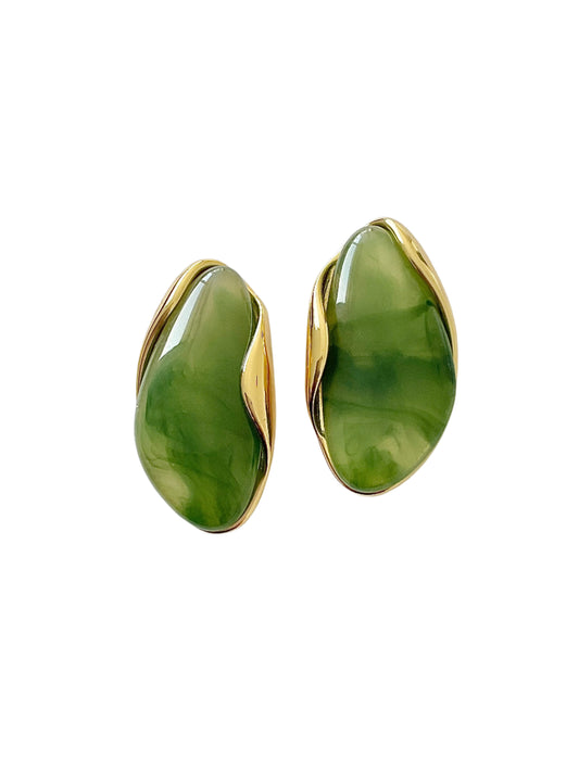 Green Stone Earrings With Gold Accents