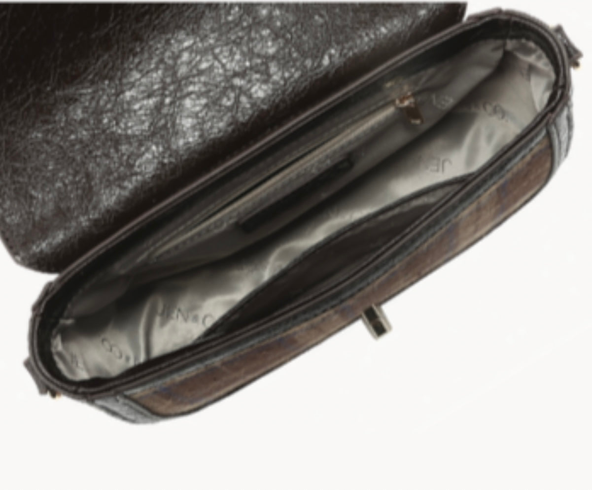 Plaid crossbody w/ vegan leather trim & twist lock closure