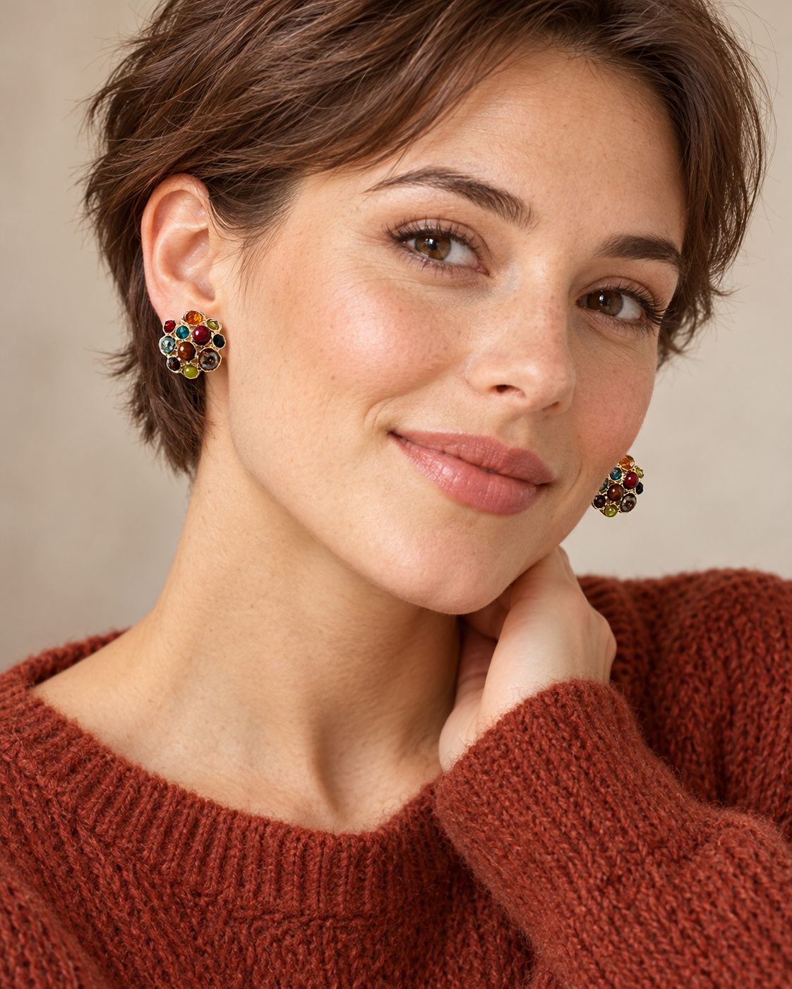 Multi Colored Natural Stone and Crystal Cluster Earrings