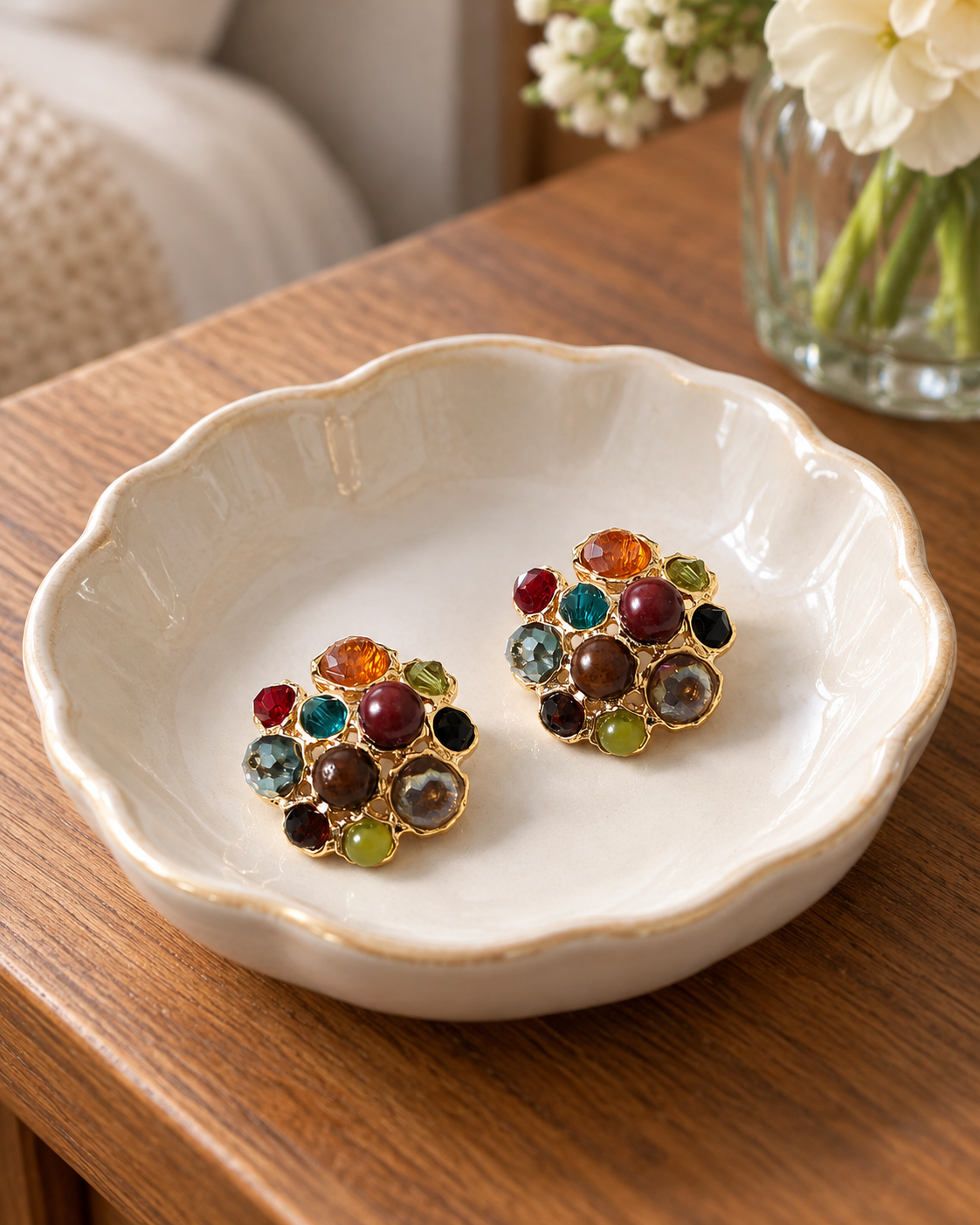 Multi Colored Natural Stone and Crystal Cluster Earrings