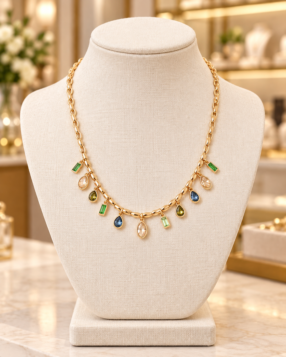 Gold Bead Crystal Charm Necklace