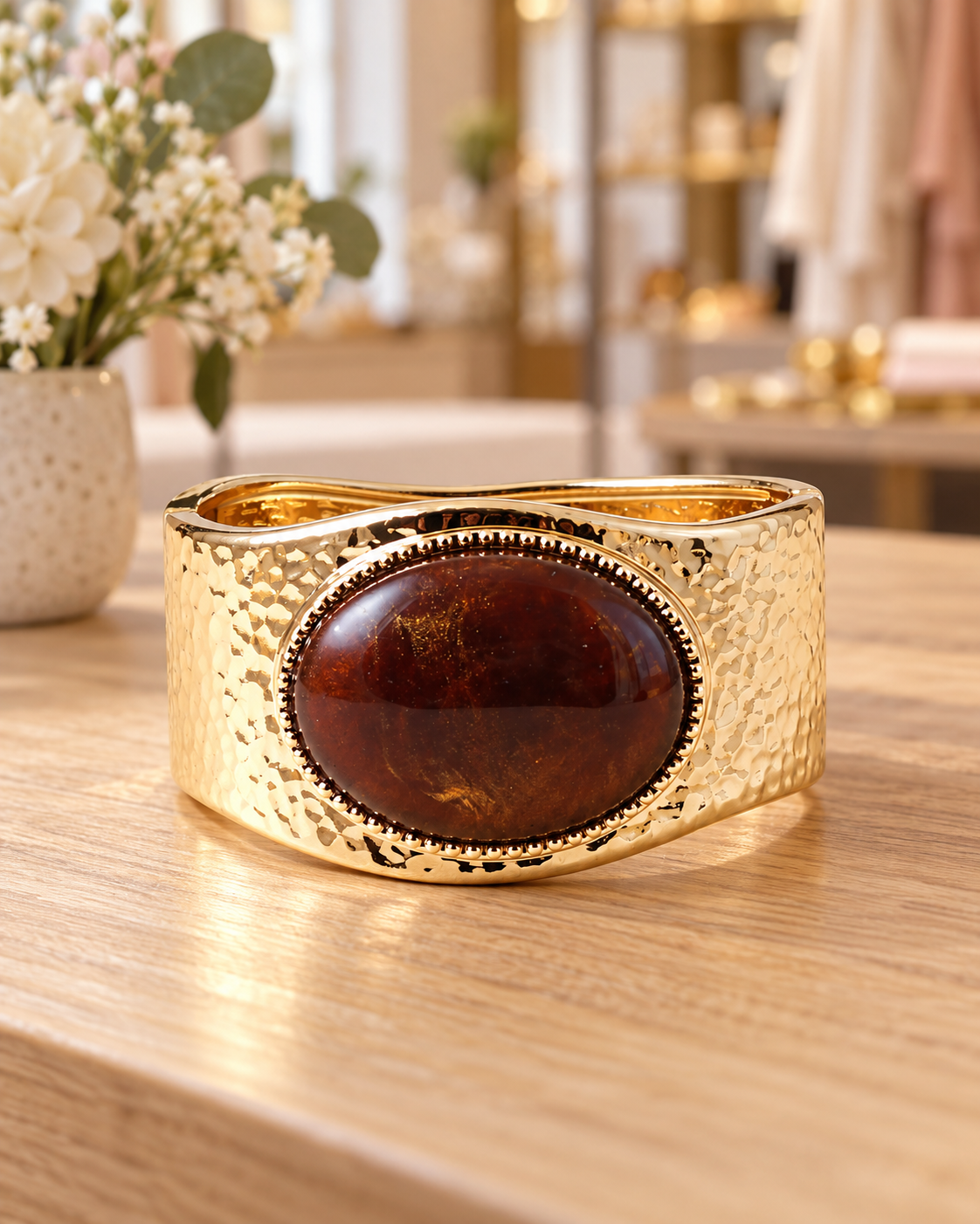 Hammered Textured Metal & Stone Hinged Bracelef