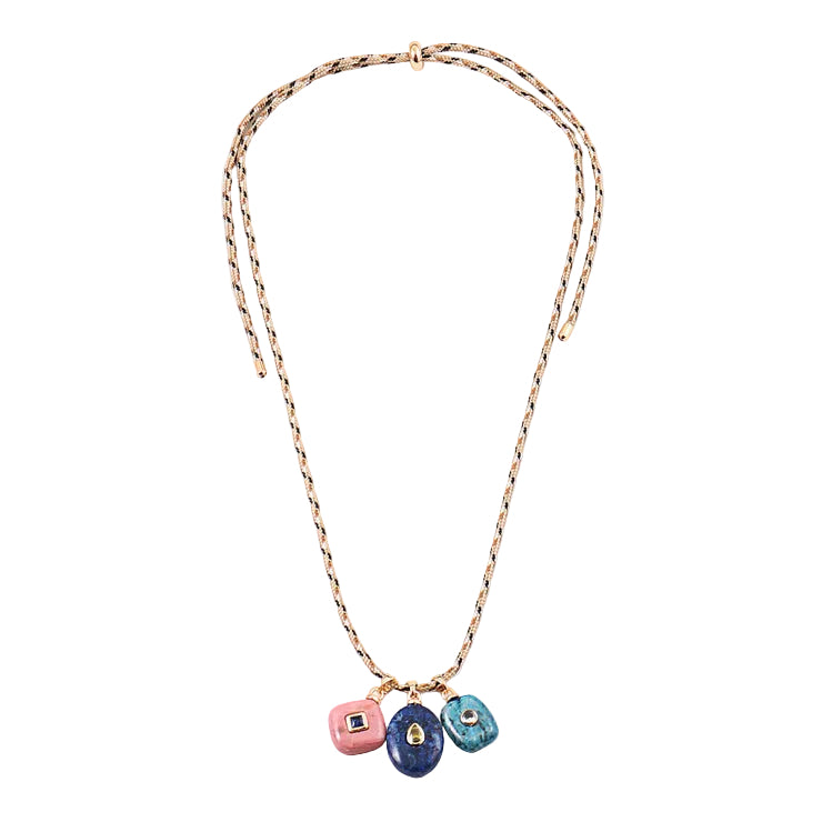 Adjustable Rope Necklace with Triple Natural Stone Charms
