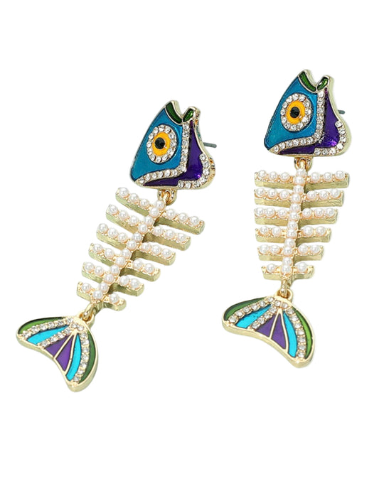 Pearl Embellished Enamel Fish Skeleton Earrings