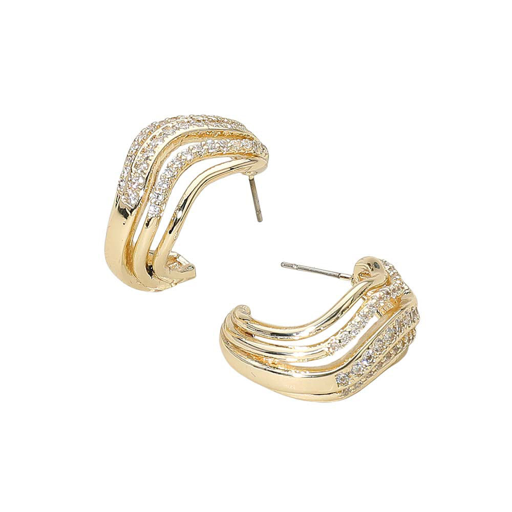 14K Gold Dipped Split Wave Crystal Pave Hoop Earrings