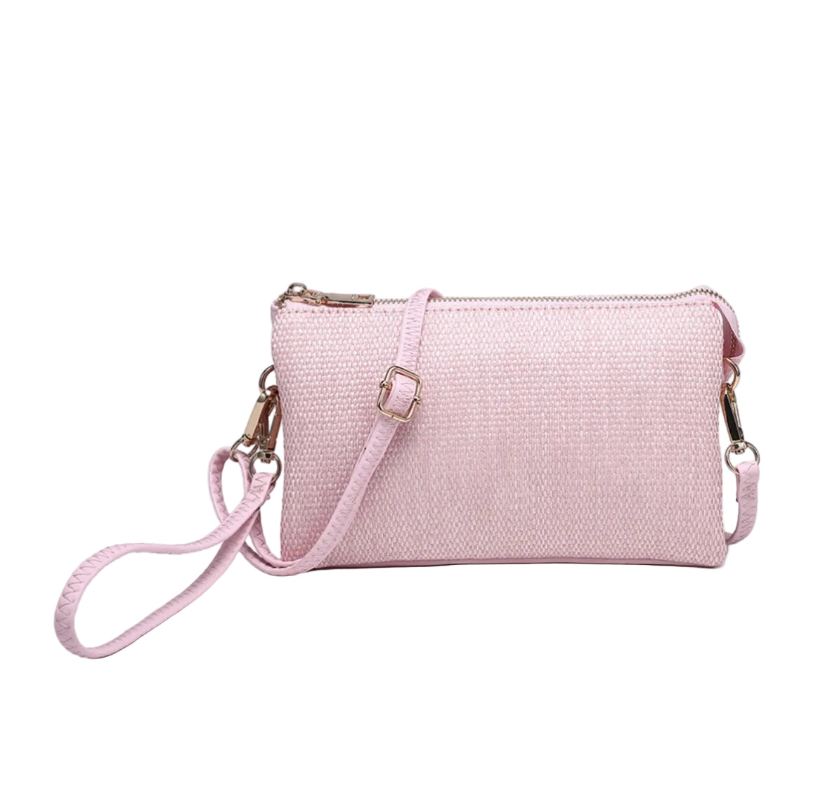 Micro Straw Multi Compartment Convertible Crossbody Clutch
