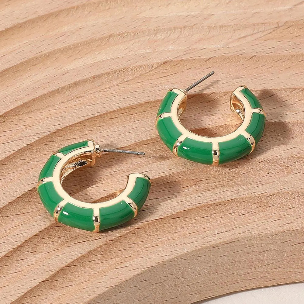 Bamboo Themed Enamel Half Hoop Earrings