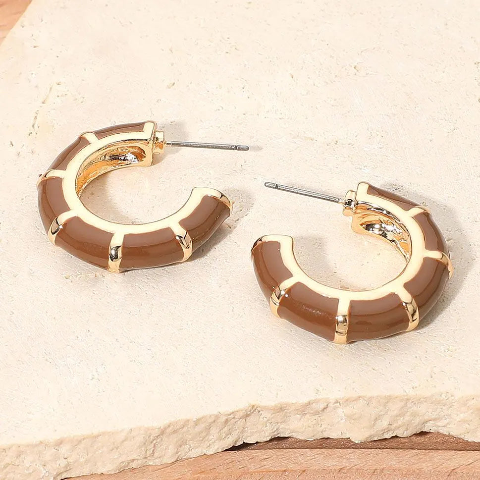 Bamboo Themed Enamel Half Hoop Earrings