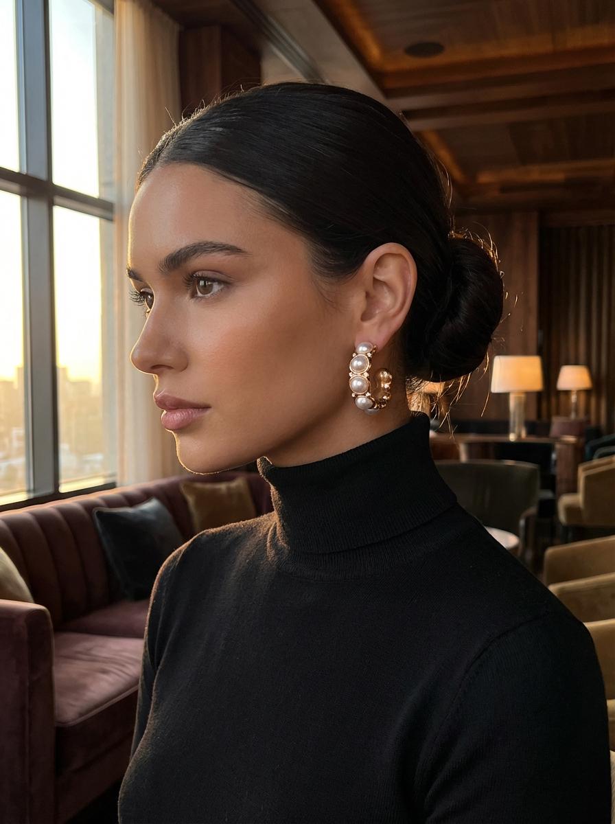 Pearl Embellished Open Hoop Earrings