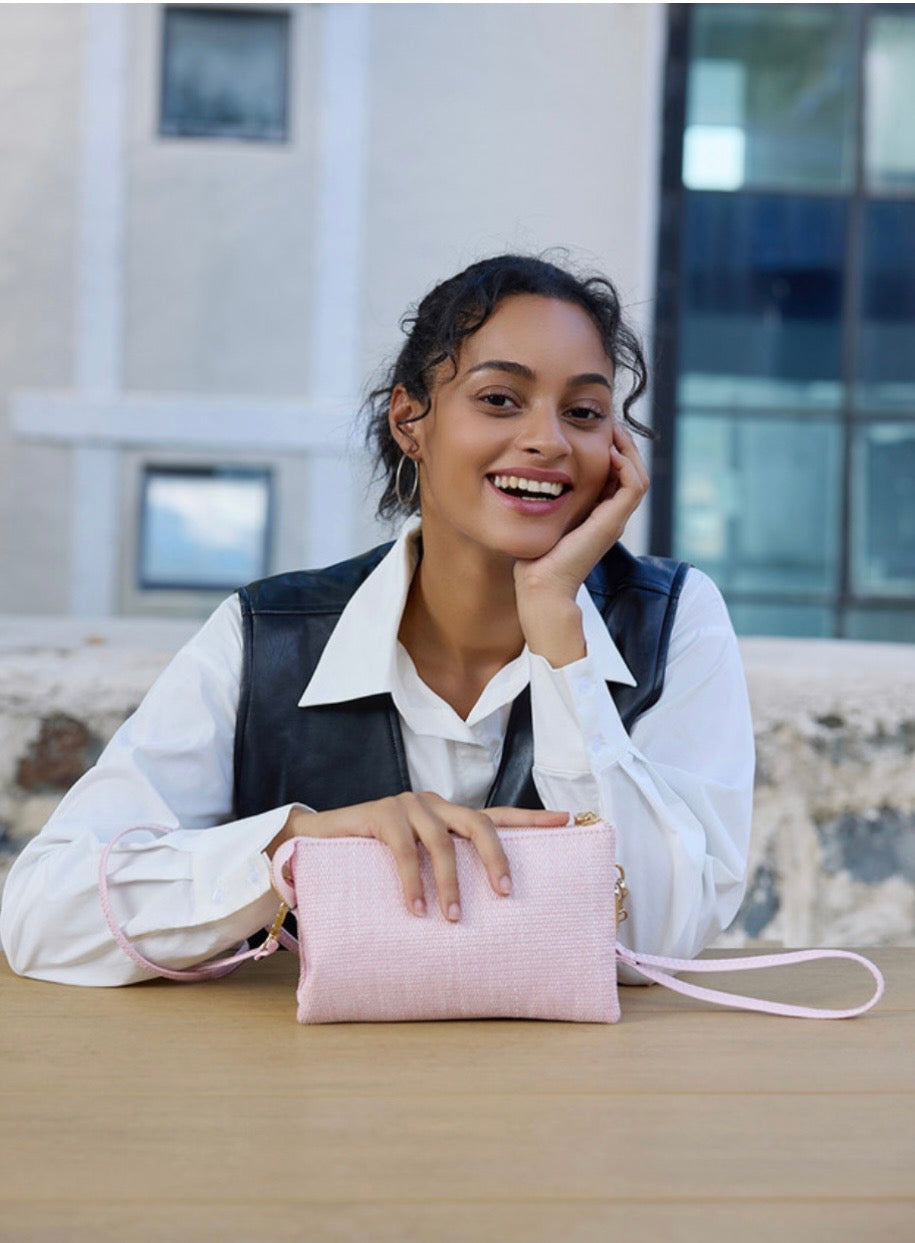 Micro Straw Multi Compartment Convertible Crossbody Clutch