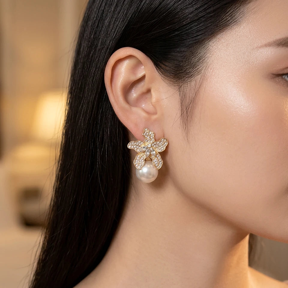 Crystal & Shell Pearl Flower Themed Earring