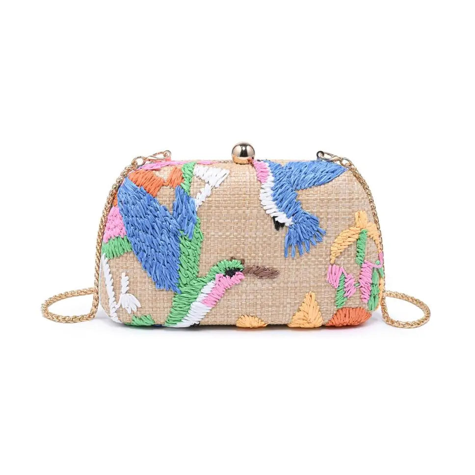 Bird Themed Embroidered Straw Clutch