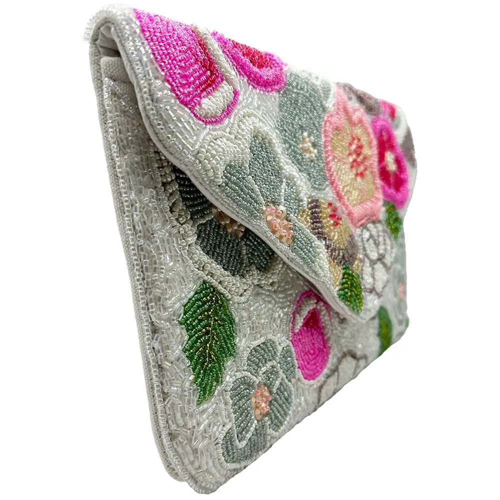 Beaded floral themed envelope clutch