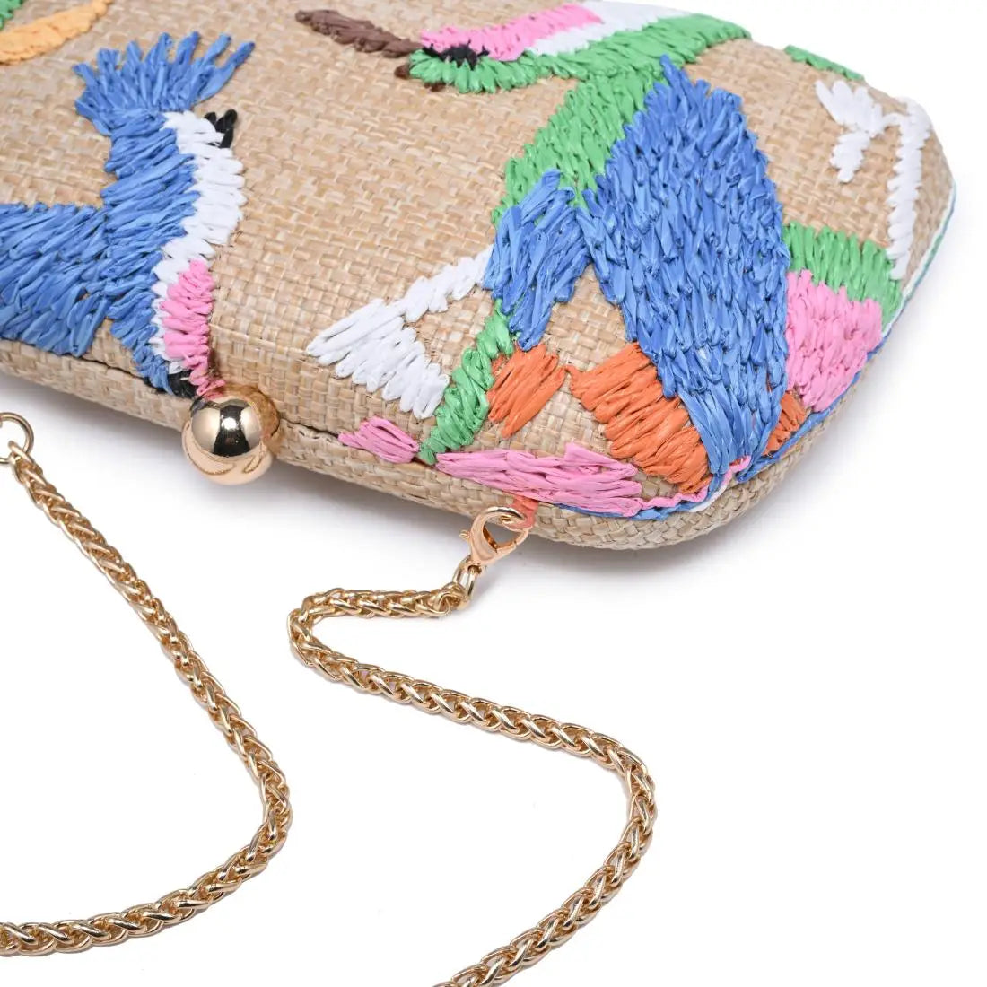 Bird Themed Embroidered Straw Clutch
