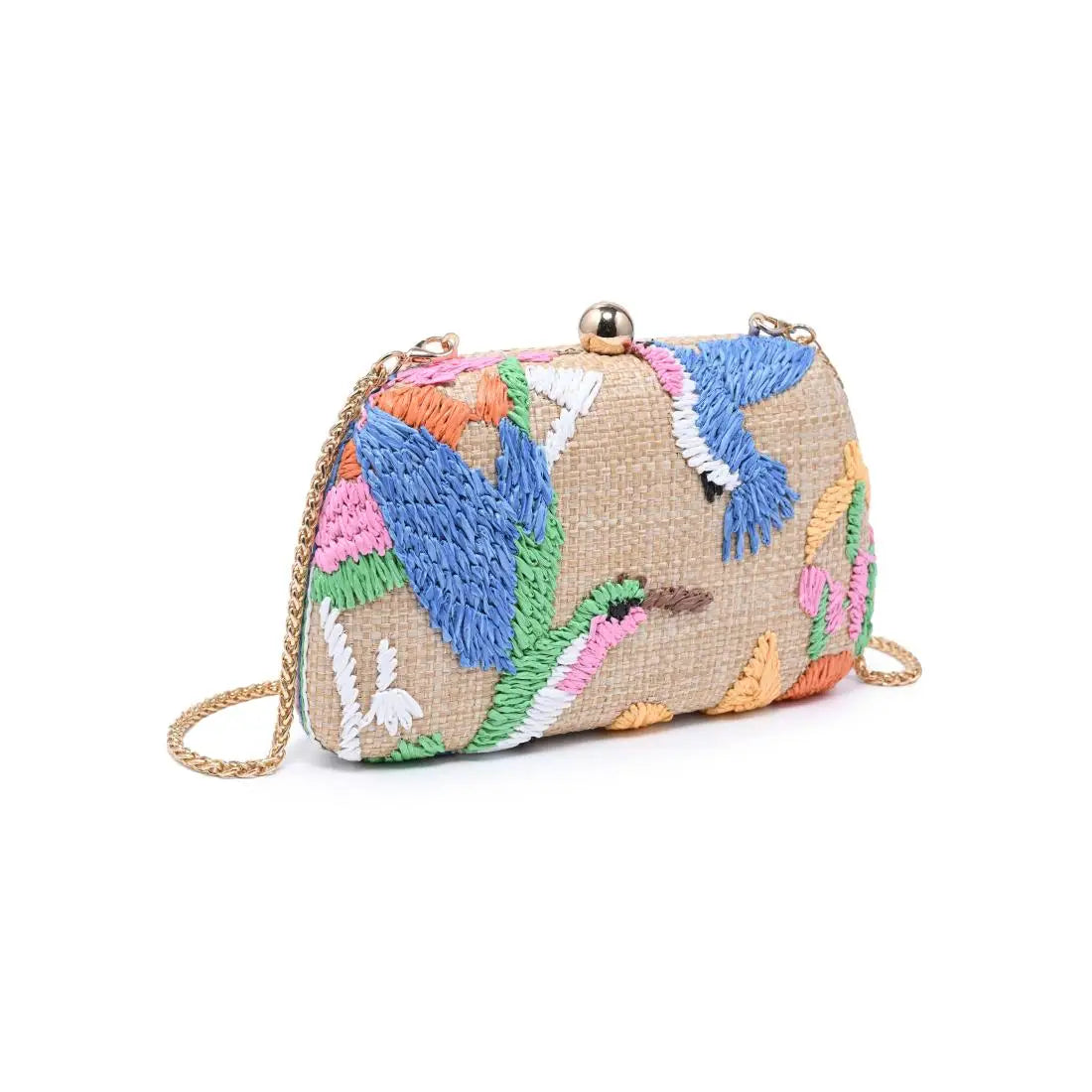 Bird Themed Embroidered Straw Clutch