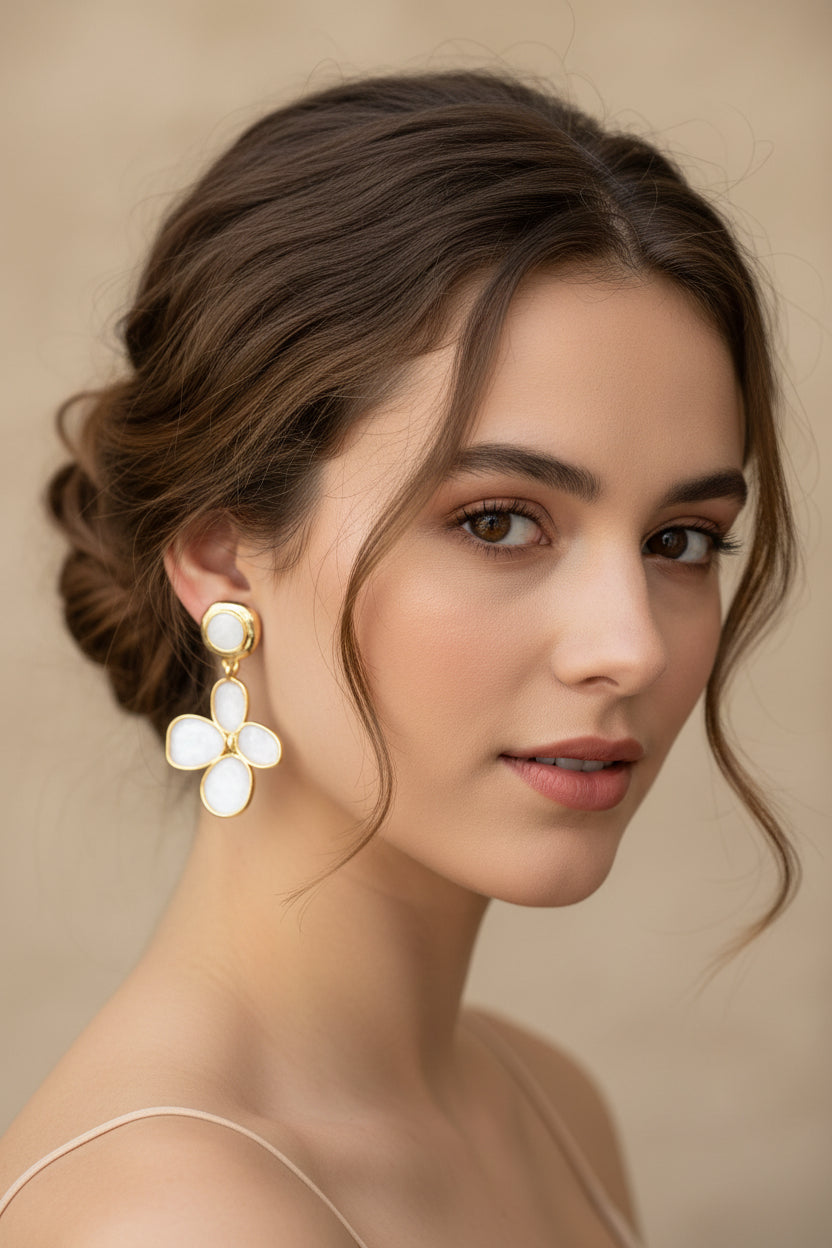 Flower Themed White Stone Earrings